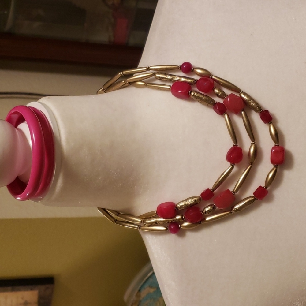 Chico's Pink Red Gold Necklace